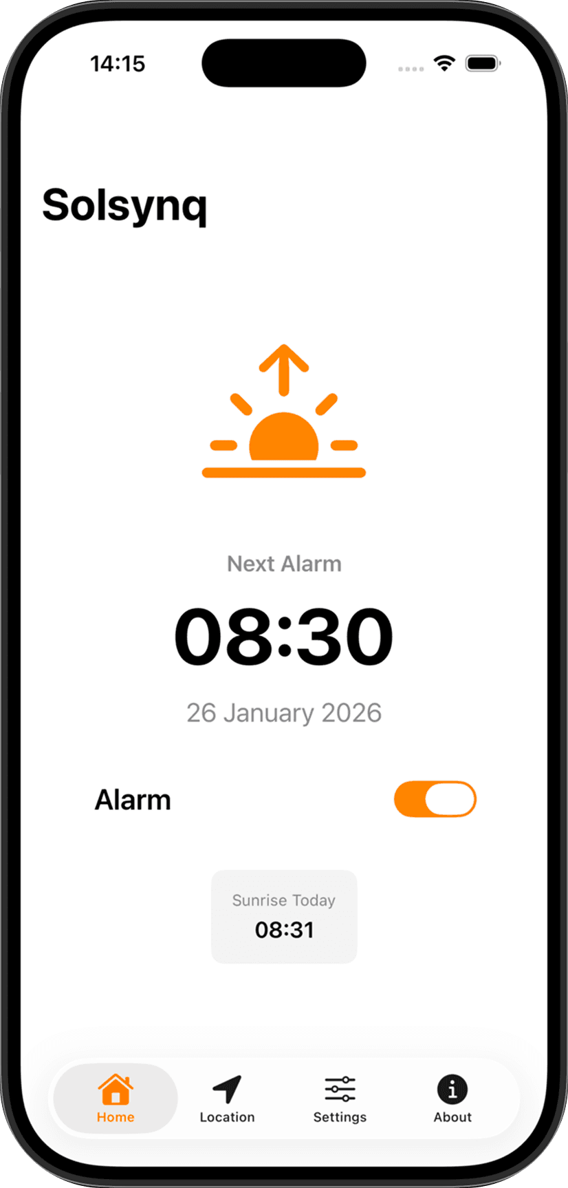 Solsynq app interface showing sunrise alarm features